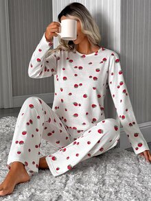 SHEIN طقم بيجامة نسائي مريح بخصر عالي وأكمام طويلة بطبعة توت لطيفة - متعدد الألوان - مشاهدة 5