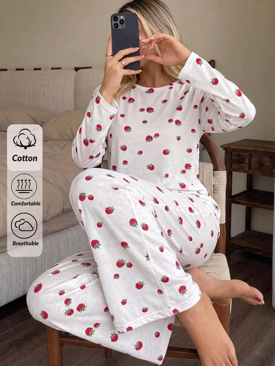SHEIN طقم بيجامة نسائي مريح بخصر عالي وأكمام طويلة بطبعة توت لطيفة - متعدد الألوان - مشاهدة 1