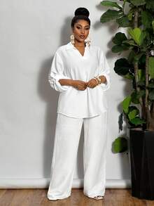 Veslaya Plus Size Woman 2 Pieces All White Outfit Set,Silky Summer Smart Casual Vacation Loose V-Neck Blouse & Straight Leg Pants,Lightweight Woven Fabric - White - View 6