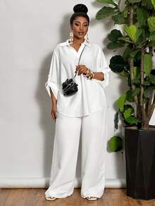 Veslaya Plus Size Woman 2 Pieces All White Outfit Set,Silky Summer Smart Casual Vacation Loose V-Neck Blouse & Straight Leg Pants,Lightweight Woven Fabric - White - View 9