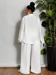 Veslaya Plus Size Woman 2 Pieces All White Outfit Set,Silky Summer Smart Casual Vacation Loose V-Neck Blouse & Straight Leg Pants,Lightweight Woven Fabric - White - View 3