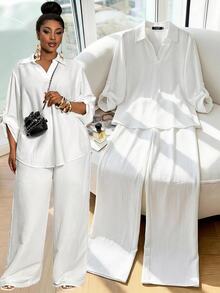 Veslaya Plus Size Woman 2 Pieces All White Outfit Set,Silky Summer Smart Casual Vacation Loose V-Neck Blouse & Straight Leg Pants,Lightweight Woven Fabric - White - View 10