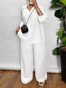 Veslaya Plus Size Woman 2 Pieces All White Outfit Set,Silky Summer Smart Casual Vacation Loose V-Neck Blouse & Straight Leg Pants,Lightweight Woven Fabric - White - View 8