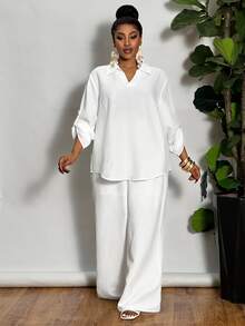 Veslaya Plus Size Woman 2 Pieces All White Outfit Set,Silky Summer Smart Casual Vacation Loose V-Neck Blouse & Straight Leg Pants,Lightweight Woven Fabric - White - View 5