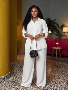 Veslaya Plus Size Woman 2 Pieces All White Outfit Set,Silky Summer Smart Casual Vacation Loose V-Neck Blouse & Straight Leg Pants,Lightweight Woven Fabric - White - View 2