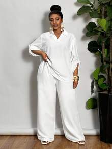 Veslaya Plus Size Woman 2 Pieces All White Outfit Set,Silky Summer Smart Casual Vacation Loose V-Neck Blouse & Straight Leg Pants,Lightweight Woven Fabric - White - View 4