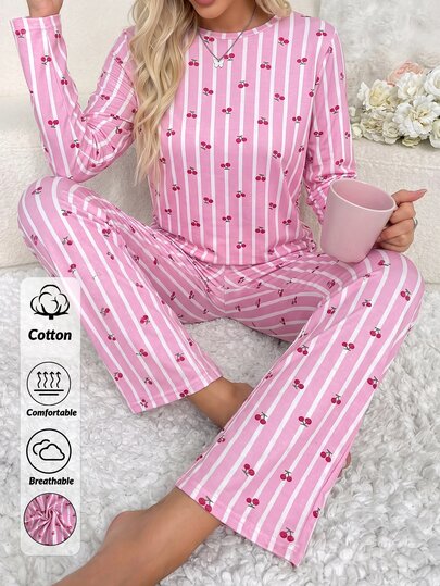 SHEIN Women Cute Cherry Print Striped Long Sleeve High Waist Comfy Pajama Set