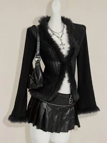 SHEIN ICON 女士复古波西米亚性感Y2K针织提花拼接毛领棕色T恤 - 黑色 - 查看 5