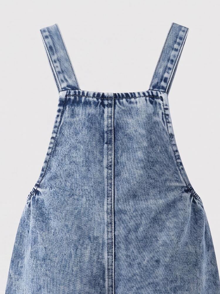 SHEIN Genkimix Kids Young Girl Denim Overalls Cowgirl Western Medium Blue Pink Heart Embroidery 3D Large Bow Straight Loose Soft Comfortable Daily Vacation Summer - Medium Wash - View 5