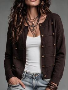 EMERY ROSE Round Neck Vintage Striped Metal Button Knit Cardigan Sweater Jacket Fall Winter Sweater Fall Winter 2026 - Coffee Brown - View 3