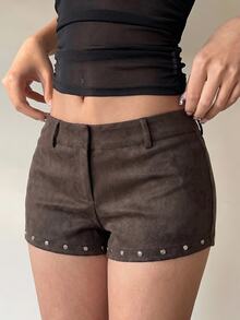 Aloruh Women's Rivet Dark Brown PU Hot Ultra Low Waist Super Short Shorts Going Out Summer Casual Western,Night Out,Party - Brown - View 4