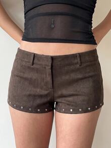 Aloruh Women's Rivet Dark Brown PU Hot Ultra Low Waist Super Short Shorts Going Out Summer Casual Western,Night Out,Party - Brown - View 5