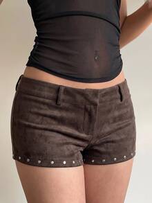 Aloruh Women's Rivet Dark Brown PU Hot Ultra Low Waist Super Short Shorts Going Out Summer Casual Western,Night Out,Party - Brown - View 6