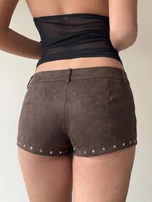Aloruh Women's Rivet Dark Brown PU Hot Ultra Low Waist Super Short Shorts Going Out Summer Casual Western,Night Out,Party - Brown - View 3