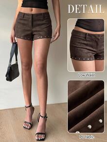 Aloruh Women's Rivet Dark Brown PU Hot Ultra Low Waist Super Short Shorts Going Out Summer Casual Western,Night Out,Party - Brown - View 8