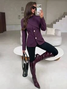 Aloruh Women's Solid Color Long Sleeve Metal Single-Breasted Fashion Blazer Fall Clothes For Women Work Outfits For Women - Purple - View 4