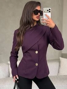 Aloruh Women's Solid Color Long Sleeve Metal Single-Breasted Fashion Blazer Fall Clothes For Women Work Outfits For Women - Purple - View 3