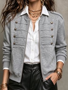 SHEIN American Retro Button Decor Light Grey Sweatshirt Fabric Baseball Collar Zip-Up Casual Preppy Elegant Short Jacket Work Everyday Autumn - Grey - View 5