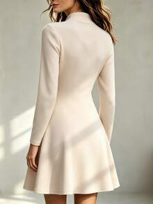 Balvessa Autumn/Winter New Elegant Stand Collar Pleated Asymmetrical Metal Button Design Women's One-Piece - Apricot - View 3