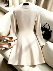 Balvessa Autumn/Winter New Elegant Stand Collar Pleated Asymmetrical Metal Button Design Women's One-Piece - Apricot - View 2