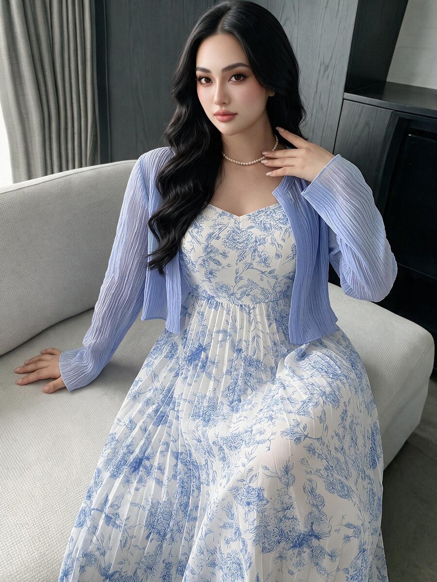 Feyla 大尺碼女款長袖開襟衫花卉印花細肩帶洋裝 2 件套 優雅休閒 秋季度假約會正式穿搭 粉藍色白色 - 彩色 - 查看 1