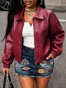 BamGleam Autumn And Winter Burgundy Faux Leather Texture Zip-Up Jacket,Western Streetwear Quirky,Halloween, Club Night Out Clothes - Burgundy - View 2