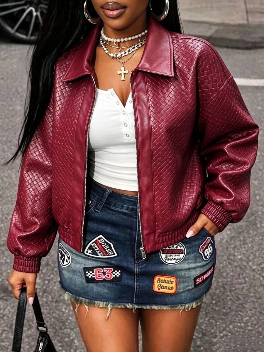 BamGleam Autumn And Winter Burgundy Faux Leather Texture Zip-Up Jacket,Western Streetwear Quirky,Halloween, Club Night Out Clothes
