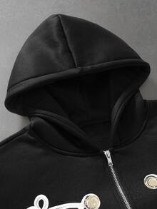 PAVTROS Men's Fashion Old Money Style Vintage Streetwear Personalized Zip-Up Loose Fit Hoodie And Drawstring Waist Sweatpants Set, Christmas Daily Outfit, Goth - Black - View 4