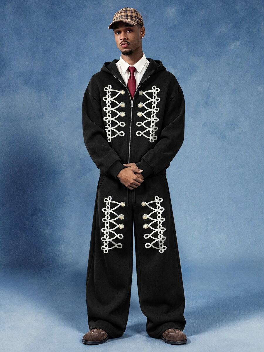 PAVTROS Men's Fashion Old Money Style Vintage Streetwear Personalized Zip-Up Loose Fit Hoodie And Drawstring Waist Sweatpants Set, Christmas Daily Outfit, Goth - Black - View 1