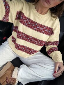 Elamini Women's Autumn/Winter Lazy Fashion Relaxed Vintage Daily Photo-Ready Tote Bag & Pullover Sweater Set - Multicolor - View 3