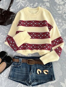 Elamini Women's Autumn/Winter Lazy Fashion Relaxed Vintage Daily Photo-Ready Tote Bag & Pullover Sweater Set - Multicolor - View 5