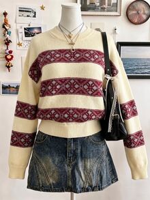Elamini Women's Autumn/Winter Lazy Fashion Relaxed Vintage Daily Photo-Ready Tote Bag & Pullover Sweater Set - Multicolor - View 1