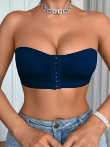 SHEIN Sujetador con cierre delantero acolchado y push up, fácil de usar - Azul Marino - Ver 4