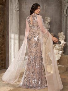 Aureia Plus-Size Luxury Evening Gown Featuring Intricate Craftsmanship, A Sweetheart Neckline, Sequin Paneling, An Attached Shawl, And Dimensional Pearl - Apricot - View 10