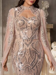 Aureia Plus-Size Luxury Evening Gown Featuring Intricate Craftsmanship, A Sweetheart Neckline, Sequin Paneling, An Attached Shawl, And Dimensional Pearl - Apricot - View 6