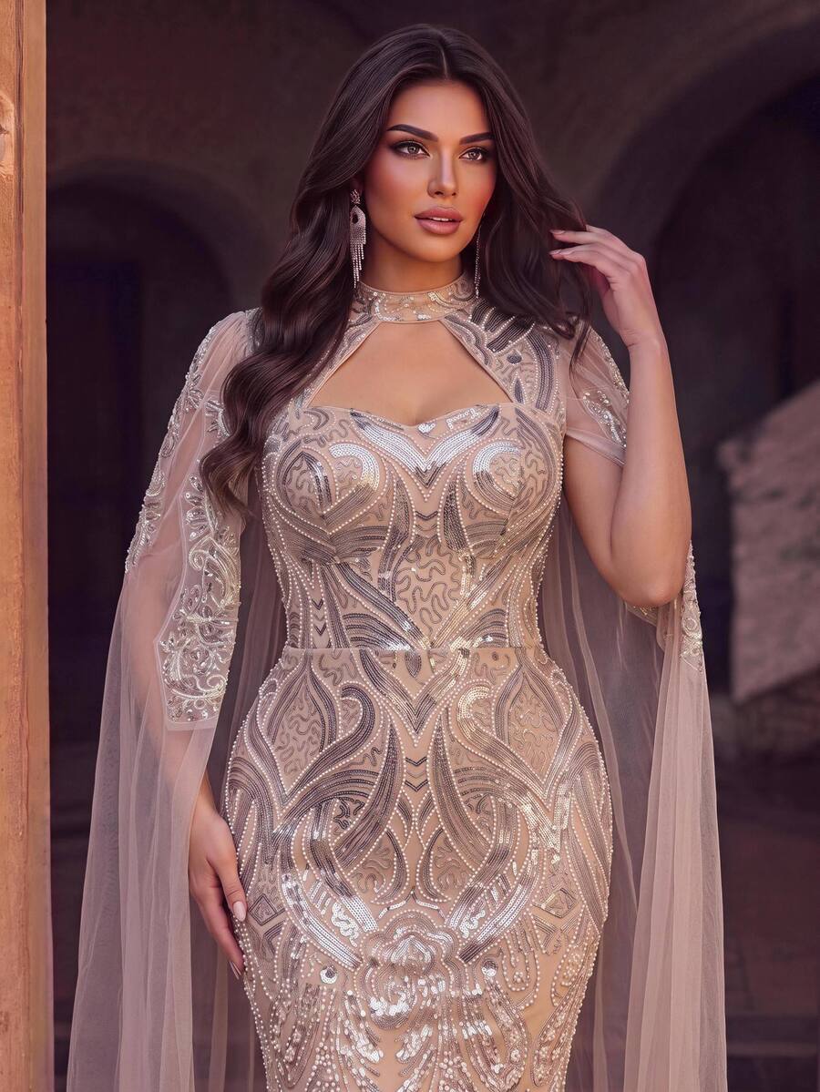 Aureia Plus-Size Luxury Evening Gown Featuring Intricate Craftsmanship, A Sweetheart Neckline, Sequin Paneling, An Attached Shawl, And Dimensional Pearl