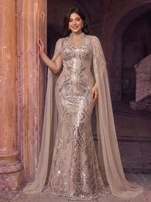 Aureia Plus-Size Luxury Evening Gown Featuring Intricate Craftsmanship, A Sweetheart Neckline, Sequin Paneling, An Attached Shawl, And Dimensional Pearl - Apricot - View 3