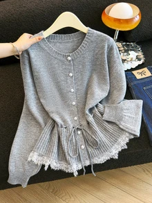 GlowEve CURVE Plus Size Women's French Style Grey Round Neck Pearl Button Waist Tie Cinched Lace Hem Cardigan Sweater Versatile Jacket Evening Morning Fall Elegant - Grey - View 4