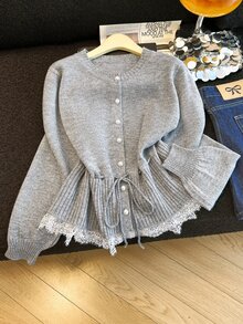 GlowEve CURVE Plus Size Women's French Style Grey Round Neck Pearl Button Waist Tie Cinched Lace Hem Cardigan Sweater Versatile Jacket Evening Morning Fall Elegant - Grey - View 5