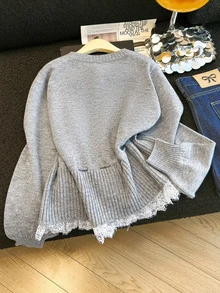 GlowEve CURVE Plus Size Women's French Style Grey Round Neck Pearl Button Waist Tie Cinched Lace Hem Cardigan Sweater Versatile Jacket Evening Morning Fall Elegant - Grey - View 2