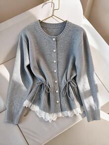GlowEve CURVE Plus Size Women's French Style Grey Round Neck Pearl Button Waist Tie Cinched Lace Hem Cardigan Sweater Versatile Jacket Evening Morning Fall Elegant - Grey - View 3