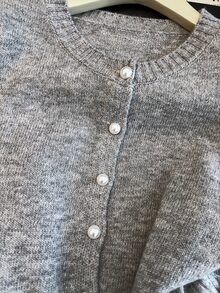 GlowEve CURVE Plus Size Women's French Style Grey Round Neck Pearl Button Waist Tie Cinched Lace Hem Cardigan Sweater Versatile Jacket Evening Morning Fall Elegant - Grey - View 6