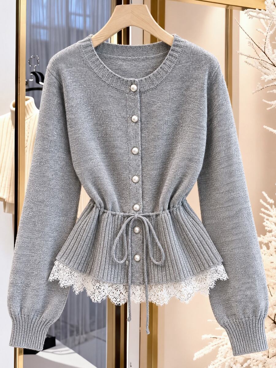 GlowEve CURVE Plus Size Women's French Style Grey Round Neck Pearl Button Waist Tie Cinched Lace Hem Cardigan Sweater Versatile Jacket Evening Morning Fall Elegant - Grey - View 1