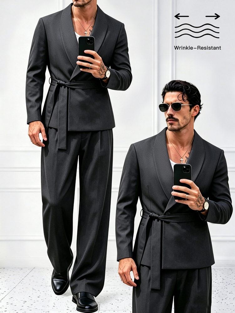 HUEFORM Men's Old Money Black Casual Wrinkle-Resistant Lace-Up Waist-Cinching Blazer And Wide-Leg Suit Pants Set,Suitable For Creating Layered Outfit For Men - Dark Grey - View 5
