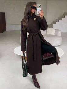 Aloruh معطف فرنسي أنيق للنساء بلون موحد وأكمام راجلان طويلة وزر معدني واحد، ملابس خريفية للمكتب باللون البني الداكن - قهوة بني - مشاهدة 7