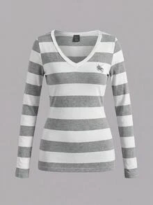 Teen Girls Casual Minimalist V-Neck Versatile Slim Fit Long Sleeve T-Shirt - Multicolor - View 1