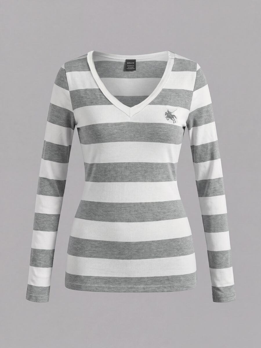Teen Girls Casual Minimalist V-Neck Versatile Slim Fit Long Sleeve T-Shirt - Multicolor - View 1