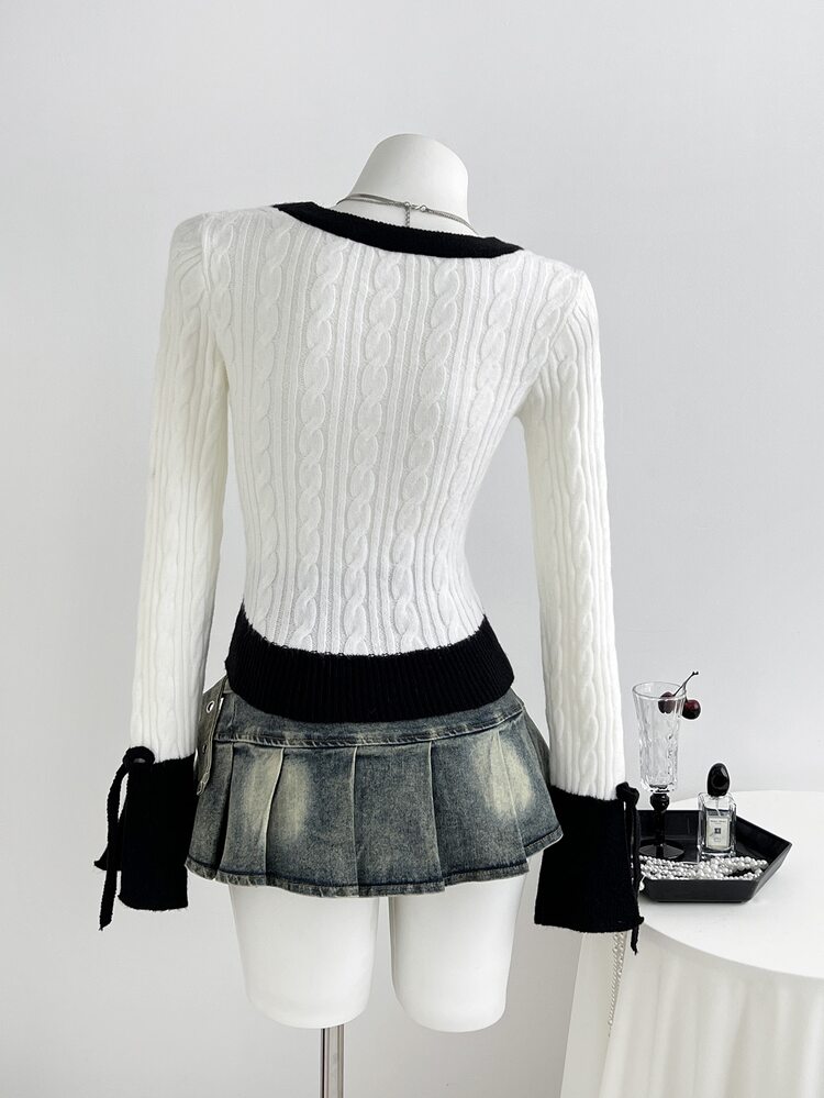 Flirla Women's Elegant Autumn/Winter Daily Party Gathering Photo-Ready Pullover Sweater With Bowknot Cuffs - Multicolor - View 2