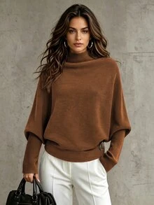 LUMIGAL Women's New Autumn/Winter Fine Ribbed Texture Semi-High Neck Batwing Sleeve Ribbed Waist Side Metal Buckle Fashion Elegant Commuter Style Versatile Sweater - Brown - View 7