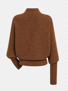 LUMIGAL Women's New Autumn/Winter Fine Ribbed Texture Semi-High Neck Batwing Sleeve Ribbed Waist Side Metal Buckle Fashion Elegant Commuter Style Versatile Sweater - Brown - View 2